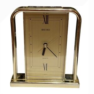 READ Vtg Seiko Quartz PERSONALIZED Brass Tobe Mantel Desk Clock Japan MCM WORKS